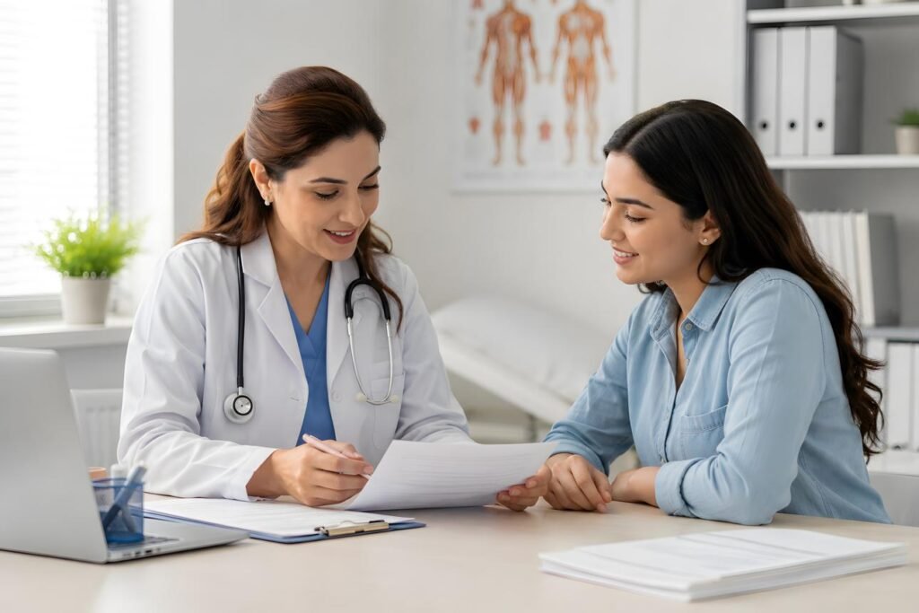Doctor explaining medication instructions and follow-up support to a patient