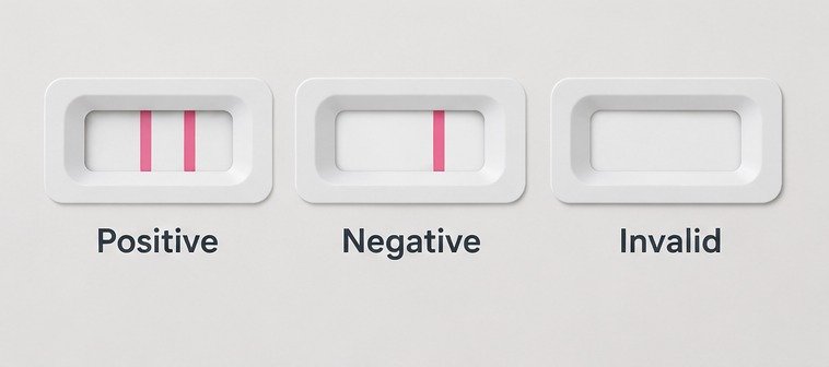 Examples of positive, negative, and invalid pregnancy test results.