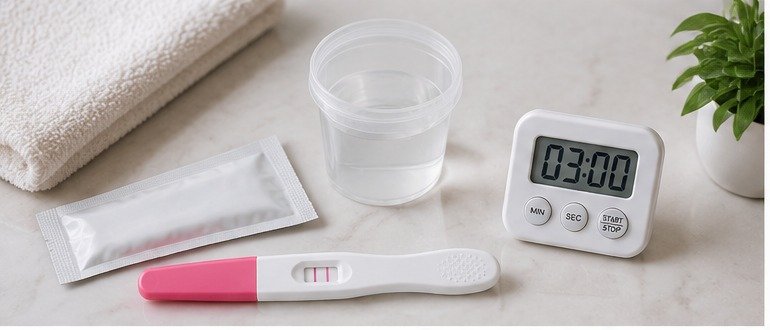 Items needed to take a home pregnancy test, including a test kit, urine cup, and timer.