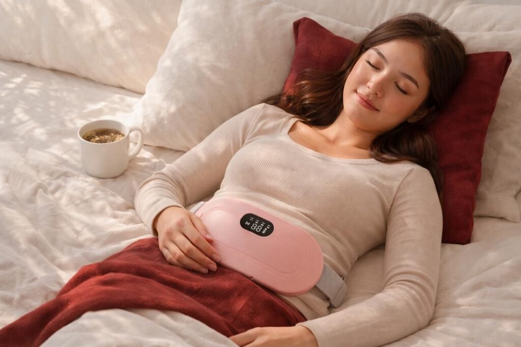 Person resting with a heating pad for comfort during abdominal cramps