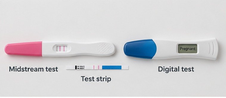 Types of home pregnancy tests, including midstream tests, test strips, and digital tests.