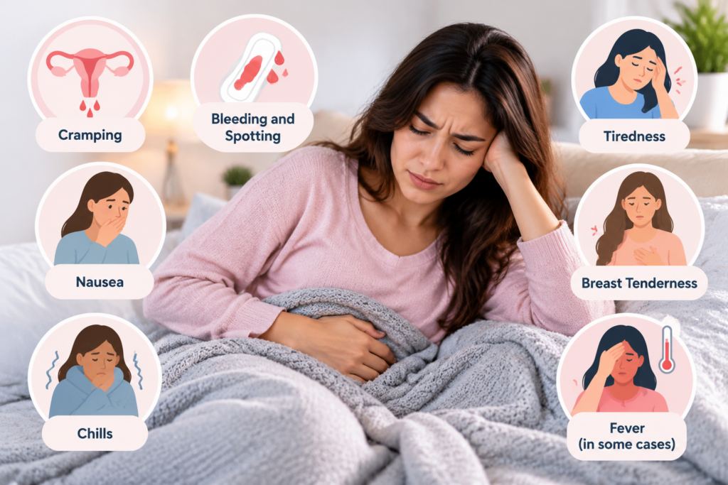 Common physical symptoms after a medication abortion, including cramping, bleeding, tiredness, nausea, chills, and breast tenderness.